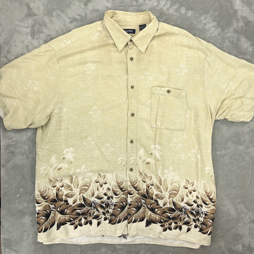 Puritan‎ Mens 2XL Tropical Floral Monstera Rayon Button Down Shirt Tan